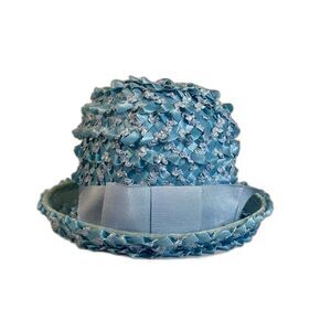 Vintage Women's Blue Straw Bowler Hat Bow